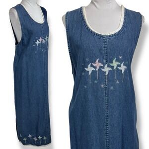 Vintage Denim Jumper Jean Maxi Dress Size XL Crochet Windmill Embroidered‎ 90s